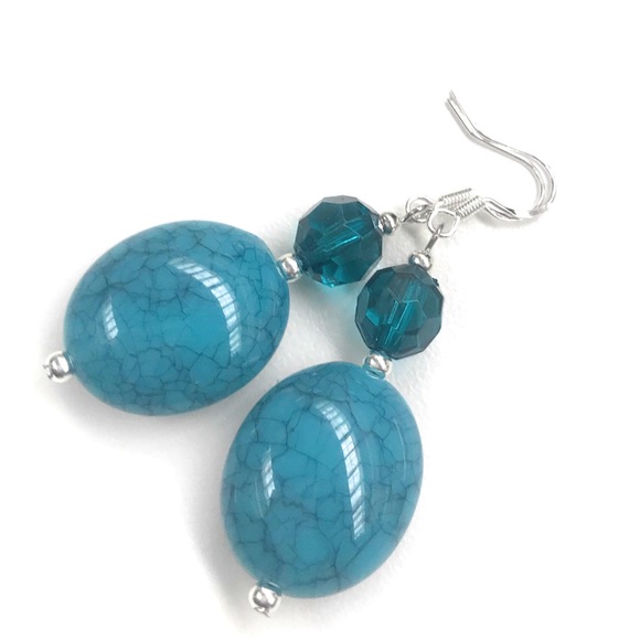 Blue and Silver Dangle Beaded Earrings - Picture 2 of 4